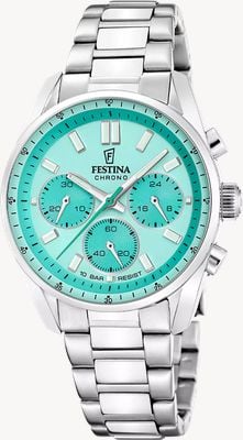 Festina Boyfriend quartz chronograaf (37,5 mm) aquablauwe wijzerplaat / roestvrijstalen armband F20753/3