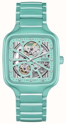 RADO Echtes quadratisches Automatik-Uhrwerk mit offenem Herzen (38 mm) und Skelett-Zifferblatt / türkises Armband aus Hightech-Keramik R27176712