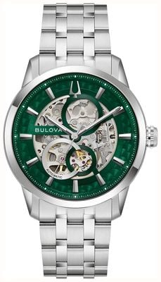 Bulova Sutton Automatic (40mm) Green Skeleton Dial / Stainless Steel Bracelet 96A329