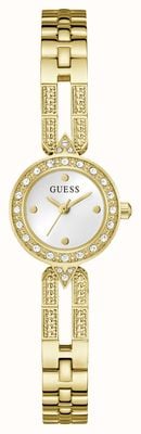Guess Cassidy Quarzuhr mit drei Zeigern (23 mm), silbernes Zifferblatt / Armband aus goldfarbenem PVD-beschichtetem Edelstahl GW1016L2