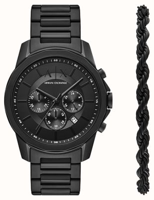 Armani Exchange Watch & Bracelet Gift Set (44mm) Black Dial / Black PVD Stainless Steel Bracelet AX7163SET