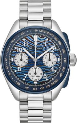 Bulova Lunar Pilot Chronograph Budii, limitierte Auflage (43 mm), Timascus-Zifferblatt / Edelstahlarmband 98A329