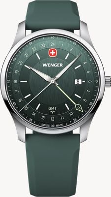 Wenger City GMT Quartz (42mm) Brushed Green Dial / Green Silicone Strap 01.1442.101
