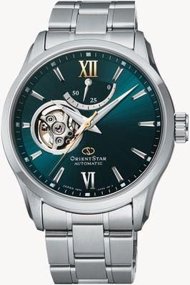 Orient Star Modernes mechanisches Modell mit offenem Herzstück (39 mm), türkisfarbenes Zifferblatt / Edelstahl RE-AT0002E00B