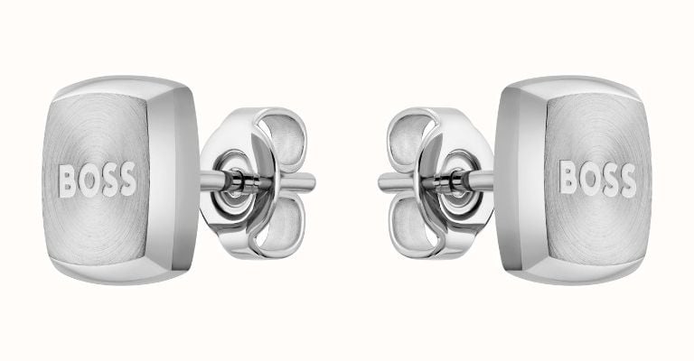 BOSS Jewellery Men's Yann Stud Earrings | Stainless Steel | Logo Detail 1580473