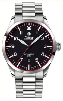 Tutima Glashütte Fliegeruhr Automatik (41 mm), samtschwarzes Zifferblatt / Edelstahlarmband 6105-02
