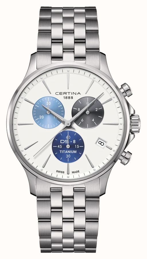 Certina Men s DS 8 Chrono 41mm White Dial Titanium Bracelet C0454174401100 First Class Watches USA