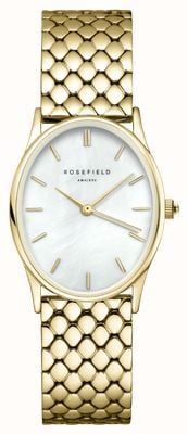 Rosefield Mostrador oval (24 mm) em madrepérola branca / pulseira em aço inoxidável banhada a ouro OWGSG-OV01