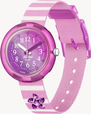 Flik Flak Błyszcząca, jasnofioletowa tarcza w kształcie gwiazdy morskiej (32 mm) / różowo-biały pasek dla zwierząt z recyklingu FPNP146