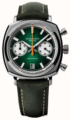 Duckworth Prestex Chronograph 42 (42 mm), grünes Zifferblatt mit Sonnenschliff / grünes Horween-Leder D550-04-E