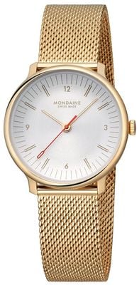 Mondaine Esfera Doppio (33 mm) color blanquecino / pulsera de malla de acero inoxidable en tono dorado MLE.33111.SM