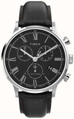 Timex Herren-Waterbury-Klassiker (40 mm) mit schwarzem Zifferblatt und schwarzem Lederarmband TW2U88300