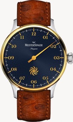 MeisterSinger Pangaea Automatik (40 mm), tiefblaues Zifferblatt mit Fermata-Muster / dunkelbraunes Lederarmband PDS917GLG-SF02