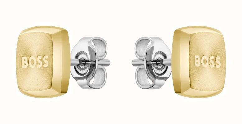 BOSS Jewellery Men's Yann Stud Earrings | Gold IP Stainless Steel | Logo Detail 1580475