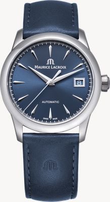 Maurice Lacroix 1975 automatisch (36mm) blauwe zongeborstelde wijzerplaat / blauwe leren band 756007-SS001-430-4