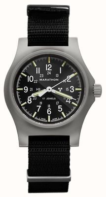 Marathon GPM-Stahl, mechanisches Allzweckrad (36 mm), schwarzes Zifferblatt/schwarzes Armband aus ballistischem Nylon WW194003SS-0101