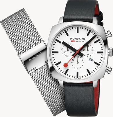 Mondaine Chronograf Sbb Grand Cushion (41 mm) z białą tarczą / stalową siatką z czarnej skóry winogronowej MSL.41410.LBV.SET