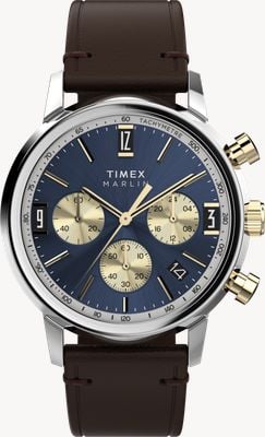 Timex Marlin 石英计时码表（40 毫米）蓝色表盘/棕色皮革表带 TW2W60400