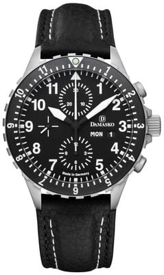 Damasko DC66 Automatik-Chronograph – Silikon-Hemmung (42 mm), schwarzes Zifferblatt / schwarzes Lederarmband mit Doppelnaht DC66-BW-STITCH-STANDARD-ENGLISH