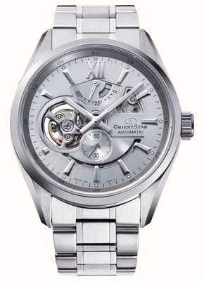 Orient Star Modern automatisch skeletontwerp (41 mm) met zilverkleurige wijzerplaat en roestvrijstalen armband. RE-AV0125S00B
