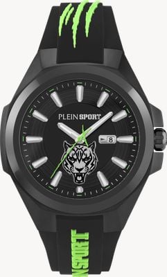 Plein Sport Tigermaster 3 指针日期 (47 毫米) 黑色表盘/黑色硅胶表带 PS7BA0524