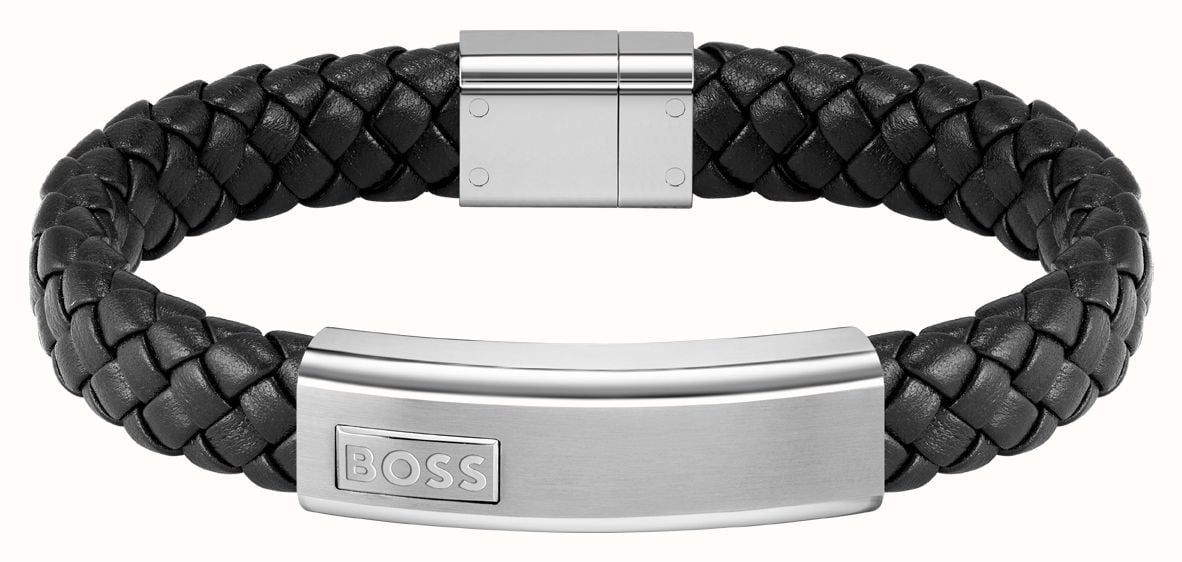 Hugo boss braided leather bracelet in black with metal clasp sale