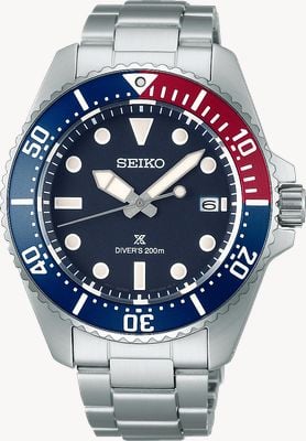 Seiko Reloj de buceo solar Prospex en azul-rojo-azul (41 mm), esfera azul / brazalete de acero inoxidable SNE595P1