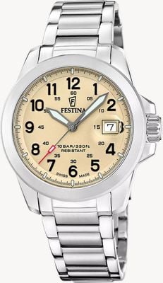 Festina Swiss Made Field Quartz (42mm) Beige Dial / Interchangeable Strap Set (Steel/Leather/NATO) F20081/1