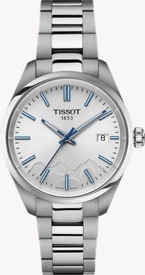 Tissot Reloj Pr 100 cuarzo edición especial Jungfraubahn (34 mm) esfera plateada / pulsera de acero inoxidable T1502101103101