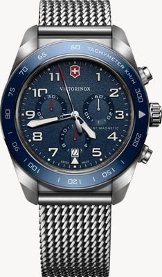 Victorinox Cronógrafo de cuarzo del ejército suizo (42 mm), esfera azul / pulsera de malla de acero inoxidable 242049