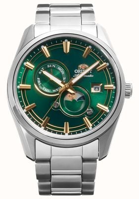Orient Automatyczny zegarek Stretto Sun & Moon (41,5 mm) z zieloną tarczą / bransoletą ze stali nierdzewnej RA-AK0314E30B