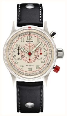 Hanhart PIONEER TachyTele Automatic (40mm) Antique White Dial / Black Leather Rivet Strap - M 712.200-0010