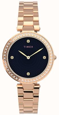 Timex Kobiety | ozdobione kryształkami czarna tarcza | bransoletka z różowego złota TW2V24600