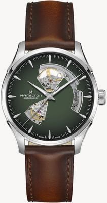 Hamilton Automatyczna tarcza Jazzmaster z otwartym sercem (40 mm) w kolorze zielonym i brązowy skórzany pasek H32675560