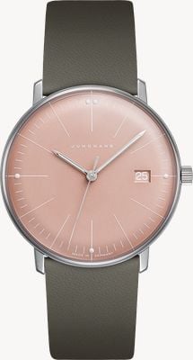 Junghans Max bill damen quartz (32.7mm) rose wijzerplaat / donkergrijze leren band 47/4555.02