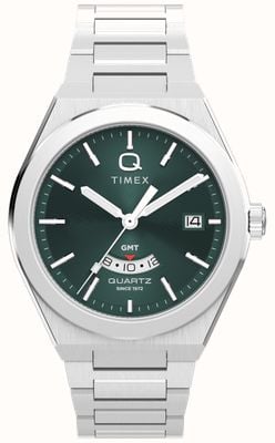 Q Timex Continental GMT (39 mm) groene wijzerplaat met radiale textuur / roestvrijstalen armband TW2Y24800