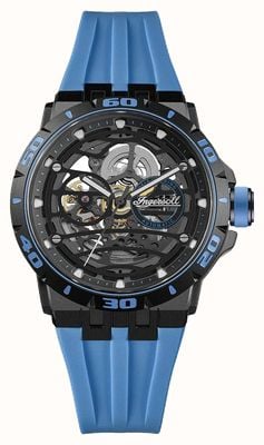 Ingersoll Orologio Rigger Automatic (45 mm) con quadrante scheletrato nero e cinturino in caucciù blu. I17901