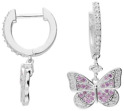 Silver White And Pink Cubic Zirconia Butterfly Huggie Drop H5719/S