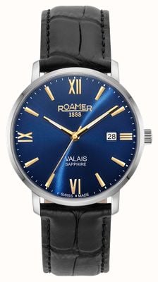 Roamer Valais Gents Blue Dial With Yellow Gold Batons Black Leather Strap 958833 41 41 05