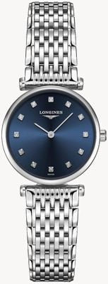 LONGINES Duża klasyka marki Longines z diamentami (24 mm) niebieska tarcza z promieniami słonecznymi / bransoleta ze stali nierdzewnej L42094976