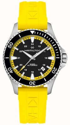 Hamilton Quadrante nero automatico scuba kaki navy (40 mm) / cinturino in caucciù giallo acido H82395332