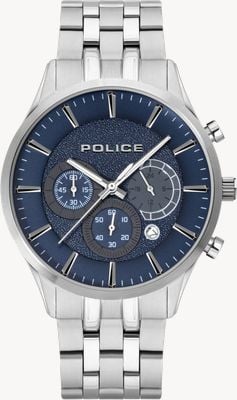 Police Cage-Quarz-Multifunktionsuhr (44 mm), blaues Chronographen-Zifferblatt / Edelstahlarmband PEWJI2194301