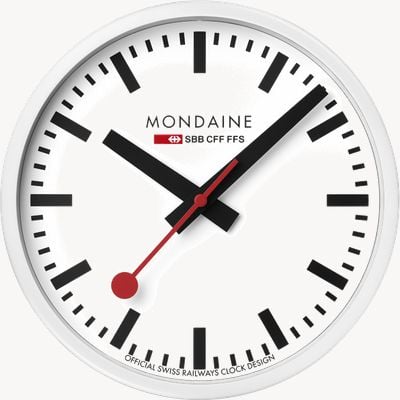 Mondaine Reloj de pared de cuarzo de 25 cm, oficial de los Ferrocarriles Suizos, con marco blanco y esfera blanca. A990.CLOCK.10SBB