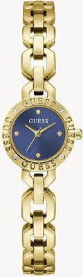 Guess Siren Quarzuhr mit drei Zeigern (23 mm), blaues Zifferblatt / Armband aus goldfarbenem PVD-beschichtetem Edelstahl GW1019L2