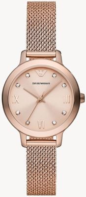 Emporio Armani Mujer | esfera rosa | conjunto de cristal | pulsera de malla de acero en oro rosa sin display AR11512 EX-DISPLAY