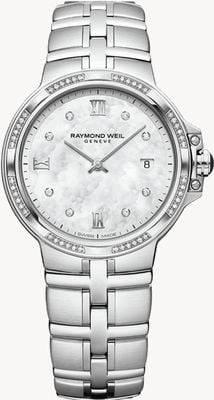 Raymond Weil Montre Parsifal classique à quartz sertie de diamants (30 mm), cadran en nacre et bracelet en acier inoxydable 5180-STS-00995