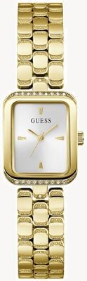 Guess Isla-Kristall (22 mm) silbernes Sunray-Zifferblatt / goldfarbenes PVD-Edelstahlarmband GW0865L2