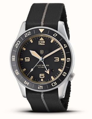 Elliot Brown Holton Professional Automatic GMT (43mm) Black Dial / Black Fabric Brown Stripe Strap 101-A21-N18