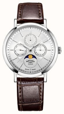 Rotary Windsor | phase de lune | cadran argenté | bracelet en cuir marron, ancien présentoir GS05425/06 EX-DISPLAY