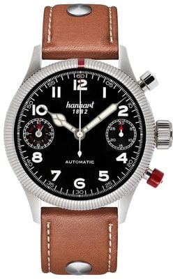 Hanhart Chronographe automatique Pioneer Twindicator (45 mm), cadran noir / bracelet en cuir marron clair - m 731.210-0210